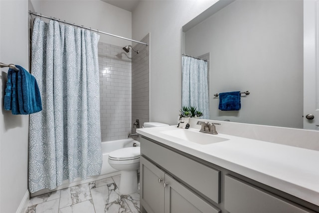 full bathroom featuring vanity, shower / bath combination with curtain, and toilet