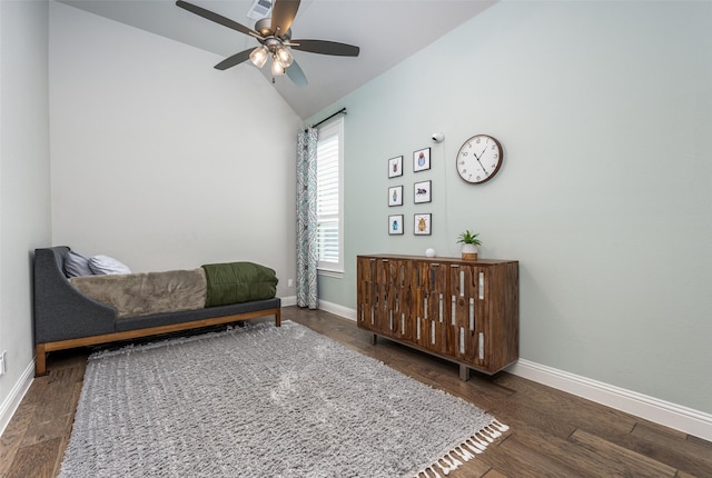 bedroom featuring dark wood-type flooring, ceiling fan, and lofted ceiling