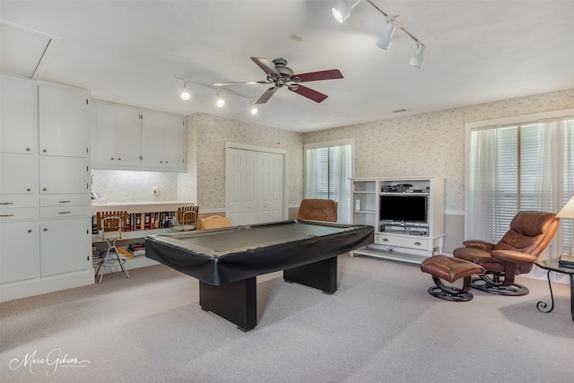 playroom featuring light colored carpet, ceiling fan, and billiards