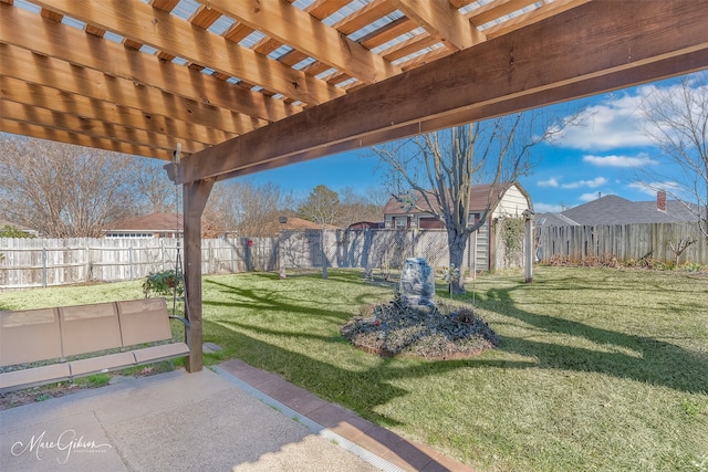 view of yard with a patio, a shed, and a pergola