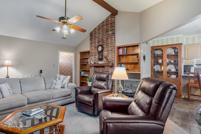 living room featuring beamed ceiling, high vaulted ceiling, and ceiling fan