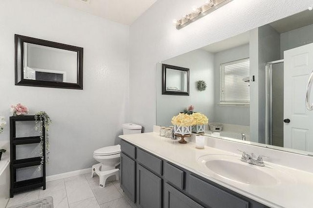 full bathroom featuring shower with separate bathtub, toilet, tile patterned floors, and vanity