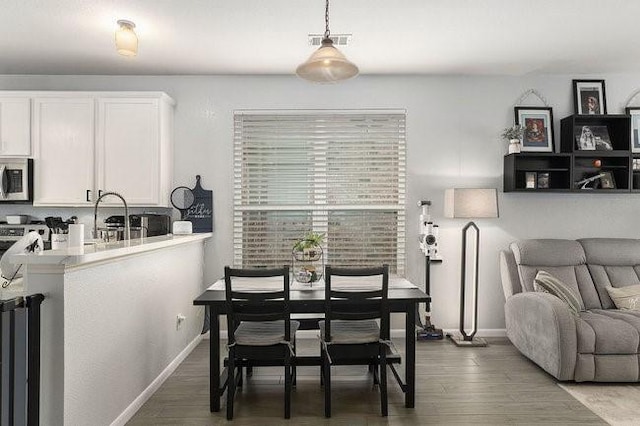 dining space featuring dark wood-type flooring