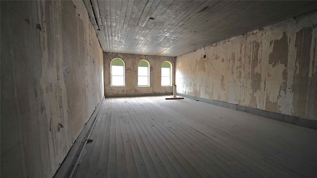 unfurnished room featuring wood ceiling and light hardwood / wood-style flooring