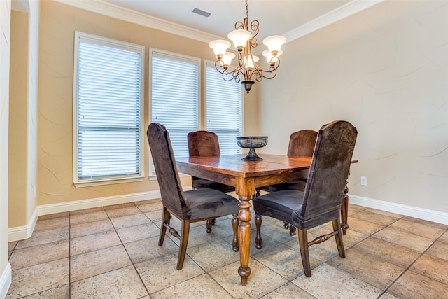 dining space with an inviting chandelier and crown molding