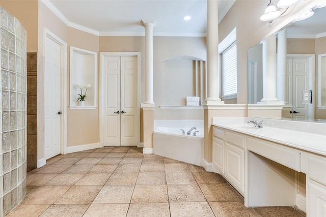 bathroom with ornamental molding, separate shower and tub, decorative columns, and vanity