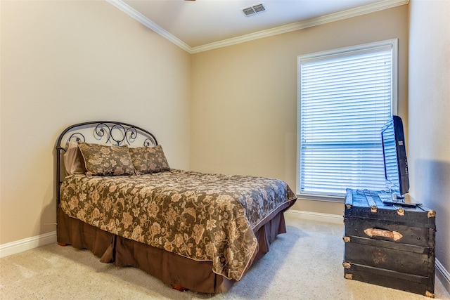 carpeted bedroom featuring crown molding