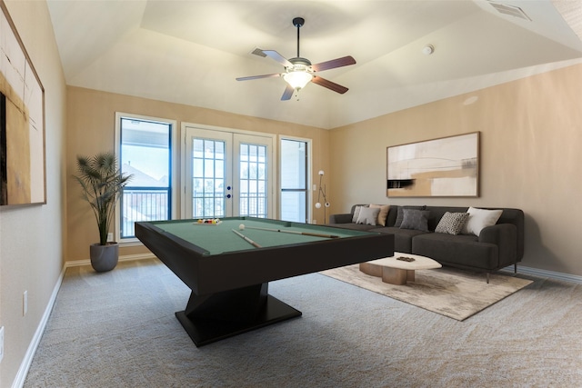 playroom featuring lofted ceiling, billiards, ceiling fan, carpet floors, and french doors