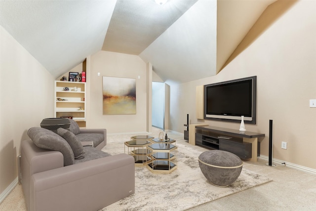 carpeted living room featuring built in shelves and vaulted ceiling