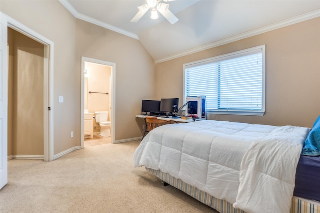 bedroom with lofted ceiling, ornamental molding, light colored carpet, ceiling fan, and ensuite bath