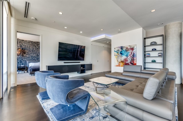 2408 Victory Park Ln Unit 1037, Dallas, TX 75219 - living area with wood finished floors and recessed lighting