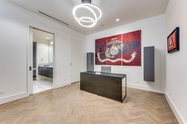 office area featuring light parquet floors