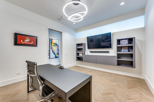 office area featuring built in features and light parquet flooring