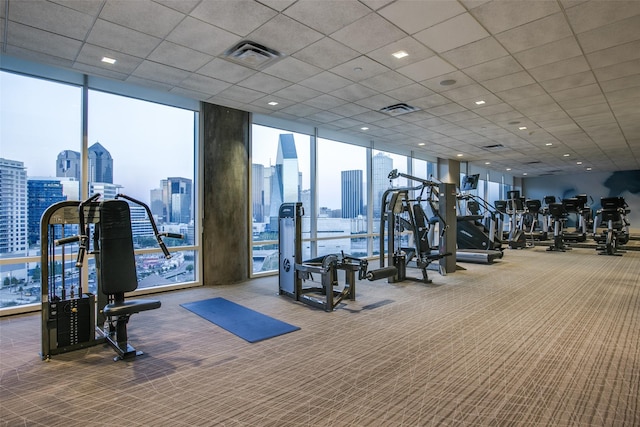 exercise room with carpet flooring, a paneled ceiling, and a wall of windows