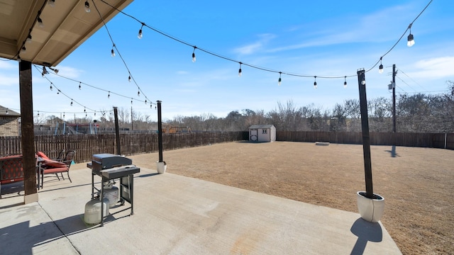 view of patio / terrace with grilling area and a storage shed