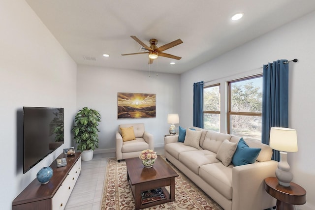 living room featuring ceiling fan