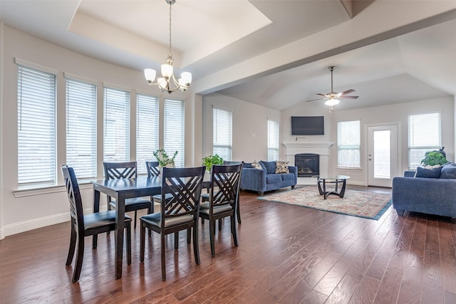 dining space featuring vaulted ceiling, dark wood-type flooring, ceiling fan with notable chandelier, and a tray ceiling