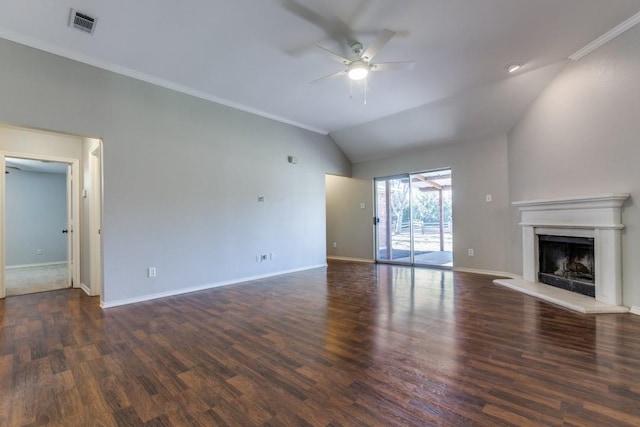 unfurnished living room with ceiling fan, ornamental molding, dark hardwood / wood-style floors, and vaulted ceiling