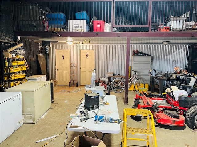 garage with a workshop area