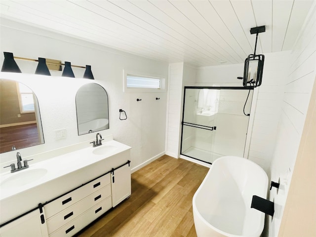 bathroom featuring vanity, hardwood / wood-style floors, wood ceiling, and separate shower and tub