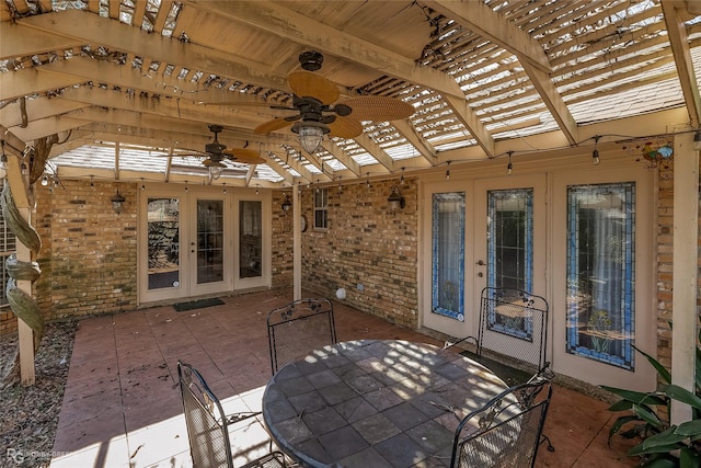 view of patio / terrace featuring a pergola, french doors, and ceiling fan