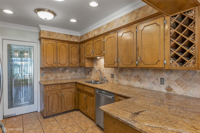 kitchen with dishwasher, sink, light tile patterned floors, light stone counters, and crown molding