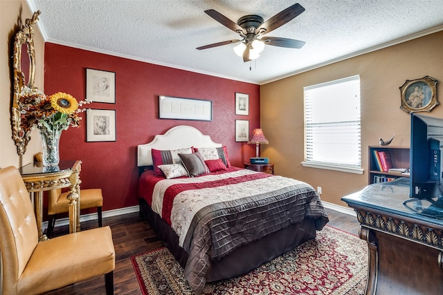 bedroom with dark wood-type flooring, ceiling fan, crown molding, and a textured ceiling