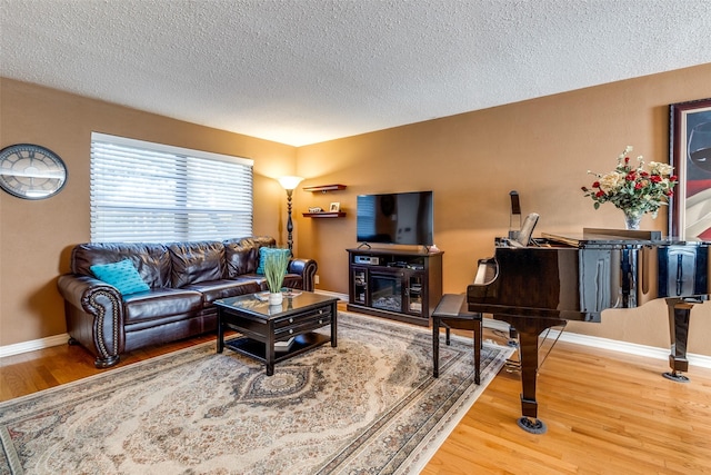 living room featuring hardwood / wood-style floors and a textured ceiling