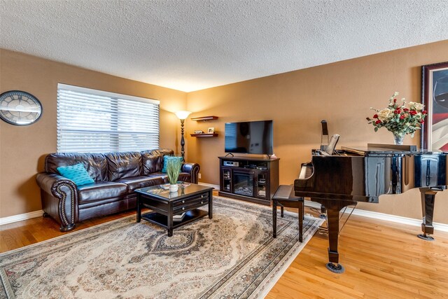 living room with hardwood / wood-style flooring and a textured ceiling