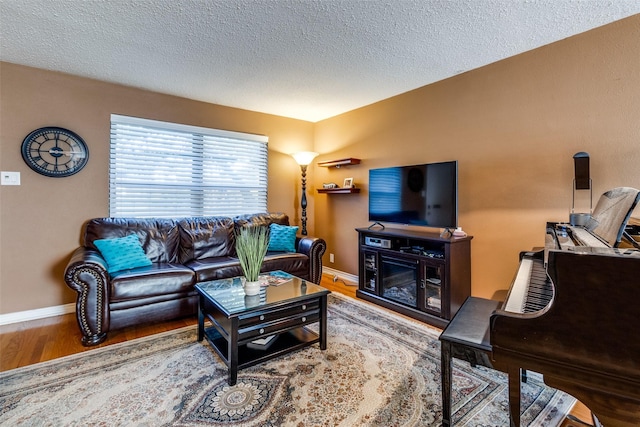 living room with hardwood / wood-style floors and a textured ceiling