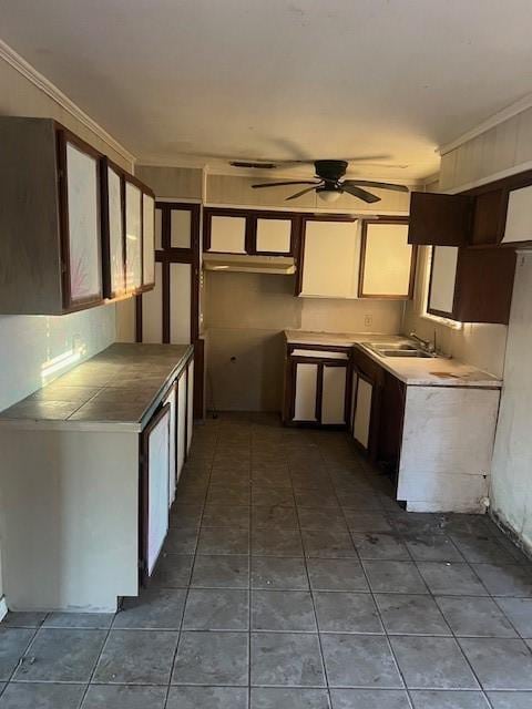 kitchen featuring sink, crown molding, ceiling fan, and dark tile patterned flooring