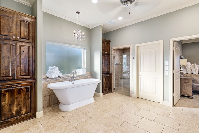 bathroom with vanity, crown molding, tile patterned floors, and ceiling fan