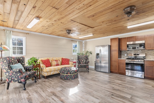 living room with ornamental molding, wood ceiling, and light hardwood / wood-style floors