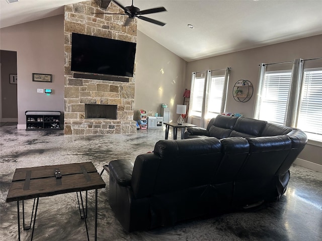 carpeted living room featuring ceiling fan, lofted ceiling, and a stone fireplace