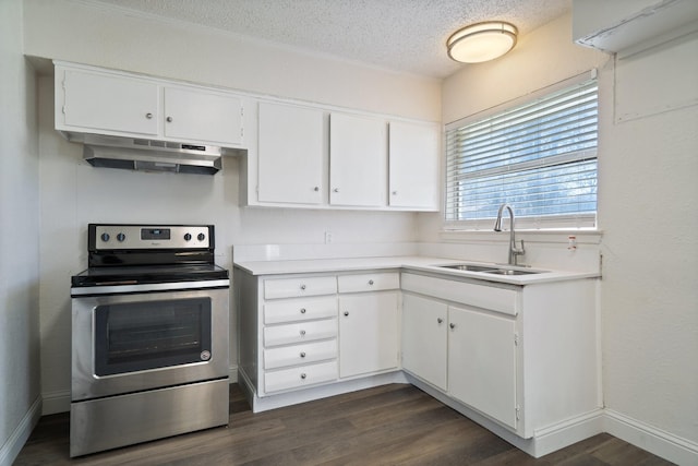 kitchen with white cabinetry, sink, stainless steel range with electric cooktop, and a textured ceiling