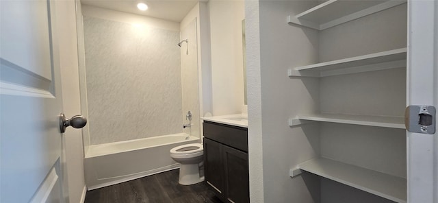 full bathroom with vanity, toilet, shower / bath combination, and wood-type flooring