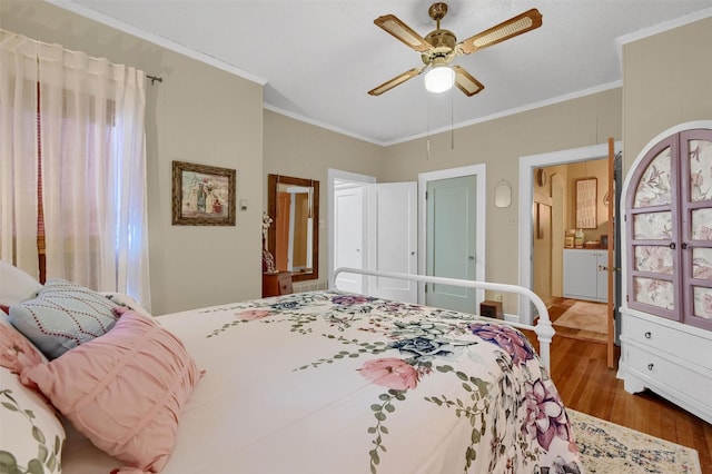 bedroom featuring crown molding, wood-type flooring, ceiling fan, and ensuite bathroom