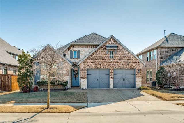 view of front of home with central AC and a garage