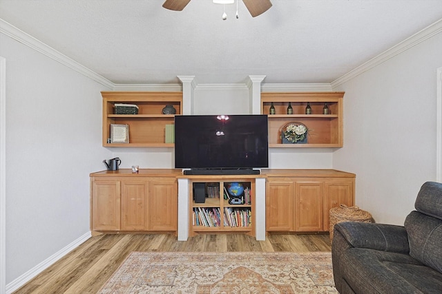 bar with ornamental molding, ceiling fan, and light wood-type flooring