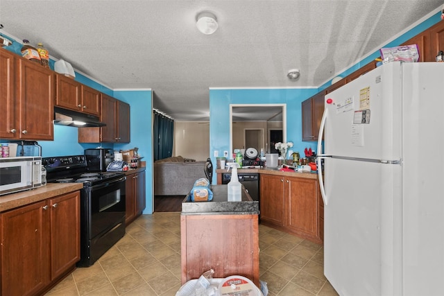 kitchen featuring black appliances, a textured ceiling, and a kitchen island