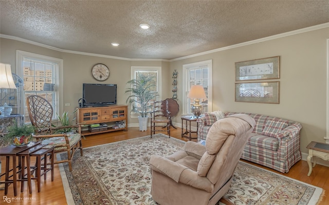 living room with crown molding, a textured ceiling, and light hardwood / wood-style floors