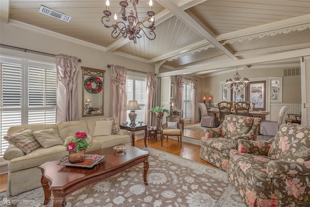 living room featuring a chandelier, lofted ceiling with beams, wooden ceiling, ornamental molding, and hardwood / wood-style flooring