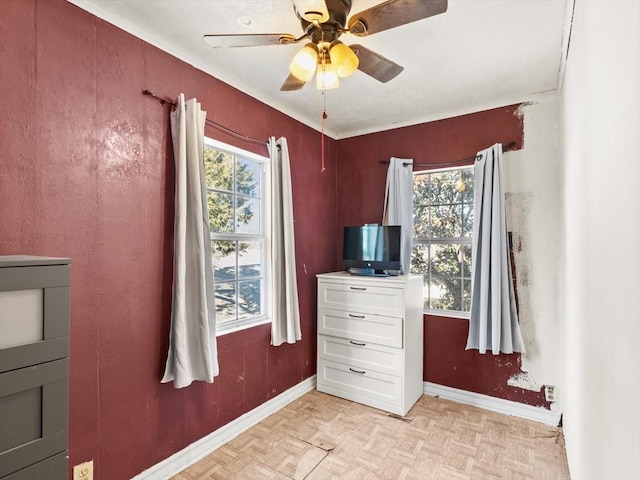 unfurnished bedroom featuring ceiling fan and light parquet floors