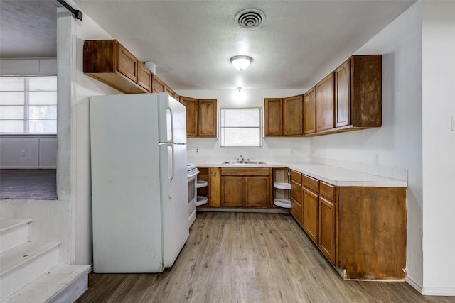 kitchen featuring sink, white appliances, and light hardwood / wood-style flooring