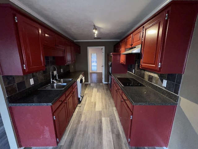 kitchen featuring dishwashing machine, sink, backsplash, ornamental molding, and black electric cooktop