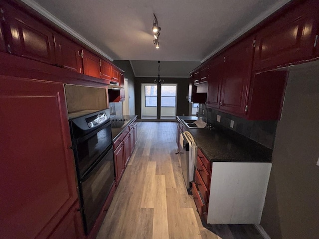 kitchen with rail lighting, sink, light hardwood / wood-style flooring, and black appliances