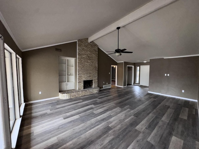 unfurnished living room featuring dark hardwood / wood-style flooring, vaulted ceiling with beams, a fireplace, and ceiling fan