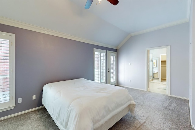 bedroom featuring vaulted ceiling, carpet flooring, ceiling fan, and french doors