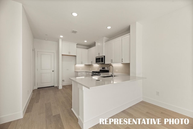 kitchen featuring appliances with stainless steel finishes, white cabinetry, sink, kitchen peninsula, and light wood-type flooring