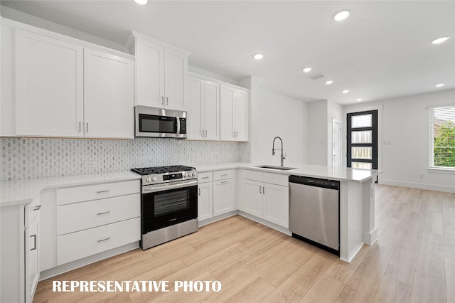 kitchen featuring sink, kitchen peninsula, white cabinets, and appliances with stainless steel finishes